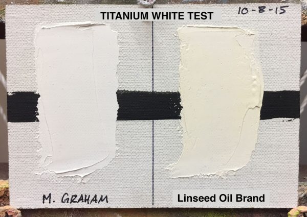 Titanium White Test :: Left swatch: M. Graham &amp; Co. (walnut oil based), Right swatch: popular brand made with linseed oil, (results after 19 months)