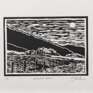 Moonlit Barn, 5x7 original limited-edition hand-printed linocut by Dan Schultz